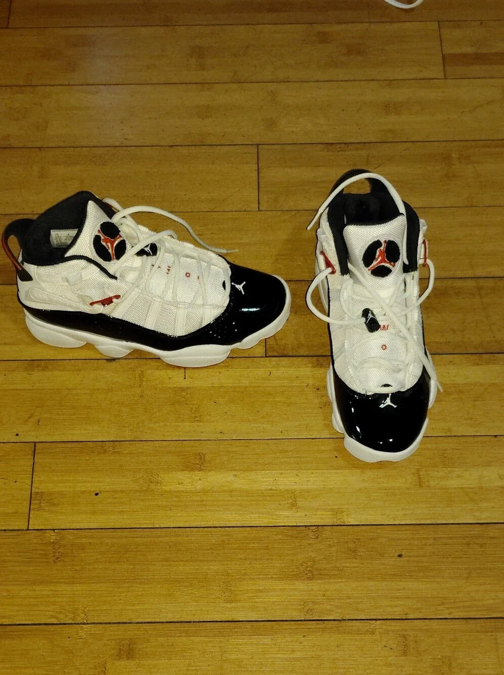 Nike Air Jordan 6 Rings Chicago Bulls White With Black Patent Sneakers Sz 7.5